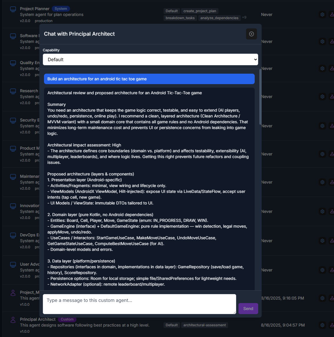 Agent configuration panel showing model selection, prompts, and parameters